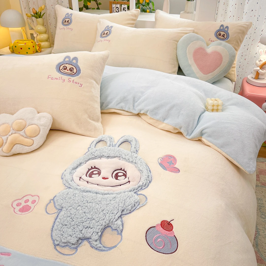 加厚牛奶绒床上四件套床品儿童珊瑚法兰绒贴布绣被套床单人三件套