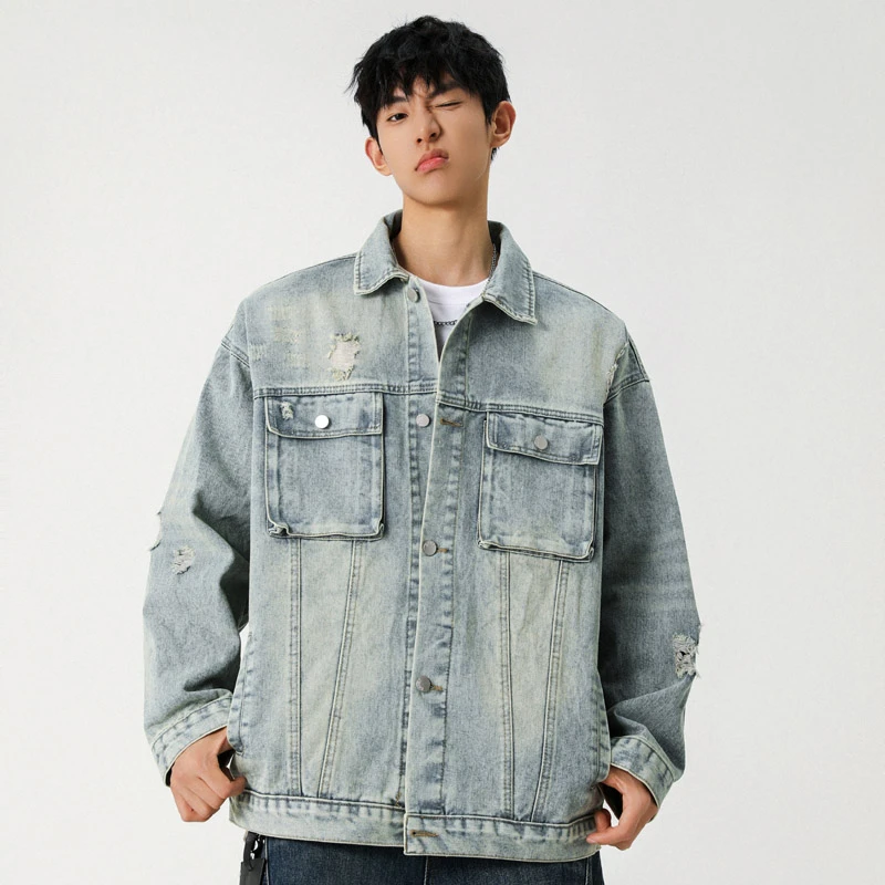 春季新款港风高级破洞牛仔外套男生夹克韩版潮流宽松复古休闲上衣