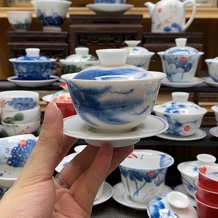 手绘孔雀翎120cc盖碗釉下彩高温瓷微瑕福利款