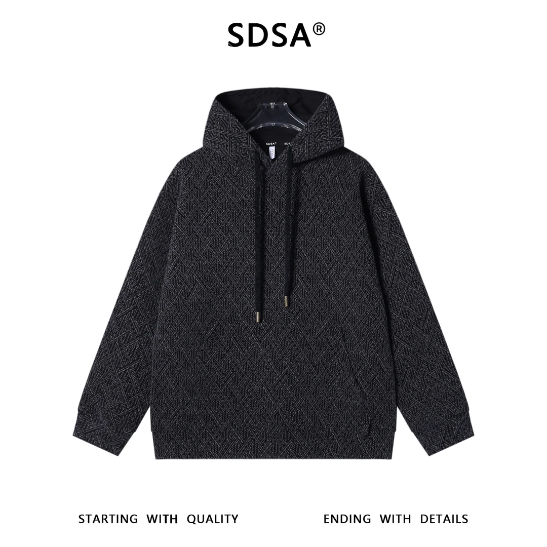SDSA男士秋冬新款痞帅男装时尚潮流格纹抽绳连帽卫衣时尚宽松上衣