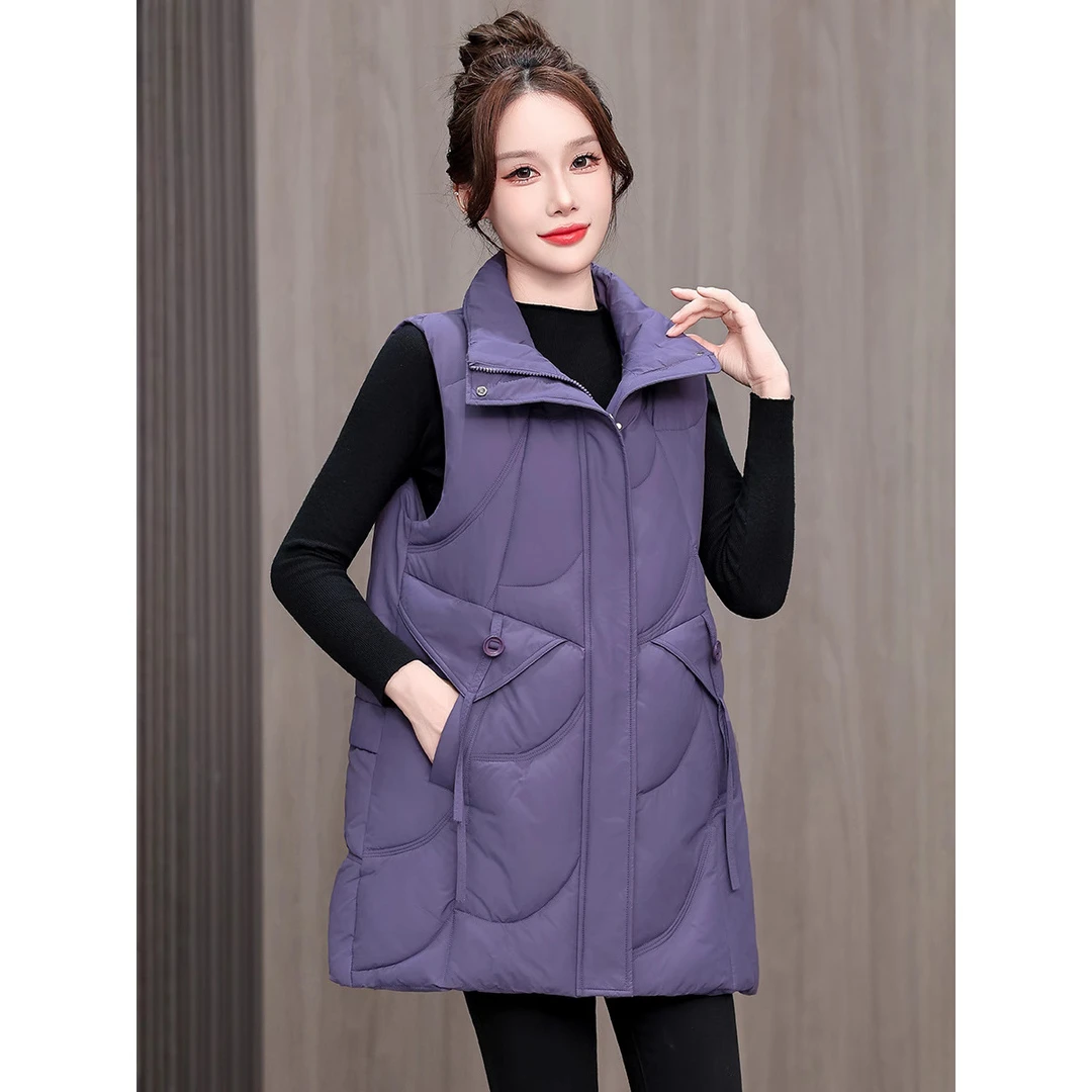 大码女装宽松韩版棉马夹女中长款秋冬新款立领百搭无袖外套棉马甲