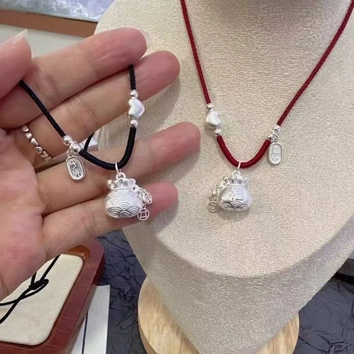 吊坠足银 足银999福袋祥云福字钱袋吊坠纯手工编织闺蜜女友百搭