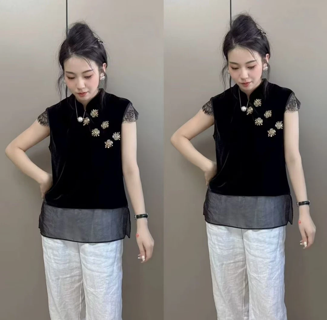 夏季中国风立领旗袍领丝绒衫缝珠珠盘扣拼接新中式时尚无袖上衣