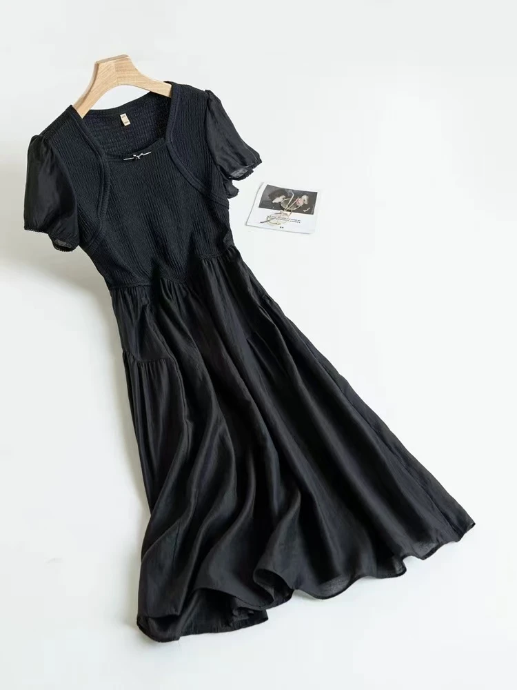 2025夏季连衣裙桃心领方领挂脖式圆领镂空修身长裙中长款显瘦