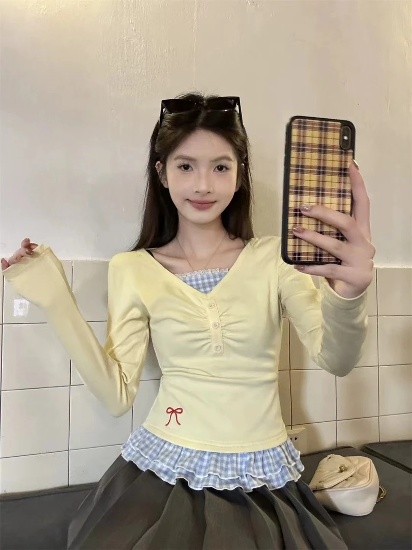 早秋季芭蕾风假两件蕾丝格子长袖T恤女小众别致甜辣妹上衣