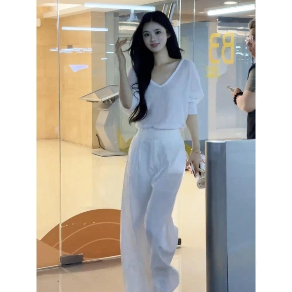 白色蝙蝠袖t恤套装夏女2025新款气质一整套穿搭阔腿裤宽松慵懒风