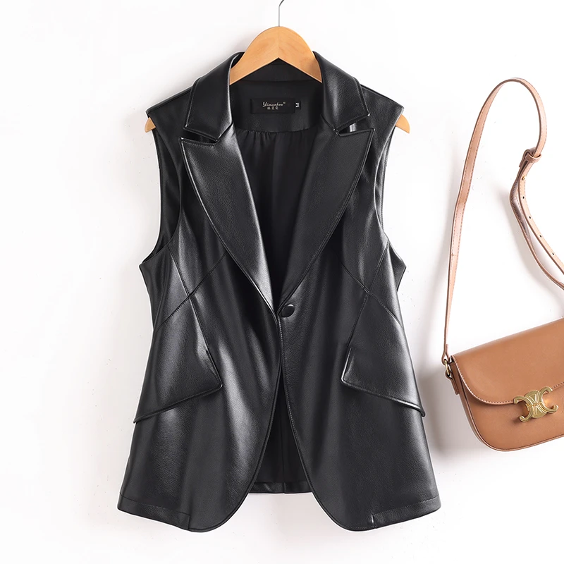 【乐姐专属】685真皮皮衣女中长款韩版修身气质新款马甲皮衣外套