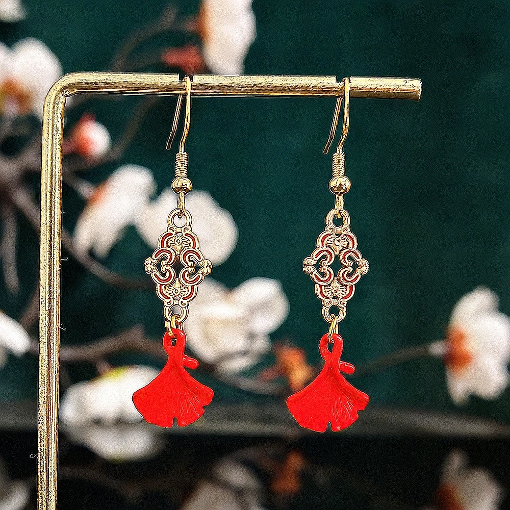 多吉米赤杏流韵新中式红色银杏叶古风耳环无耳洞耳夹