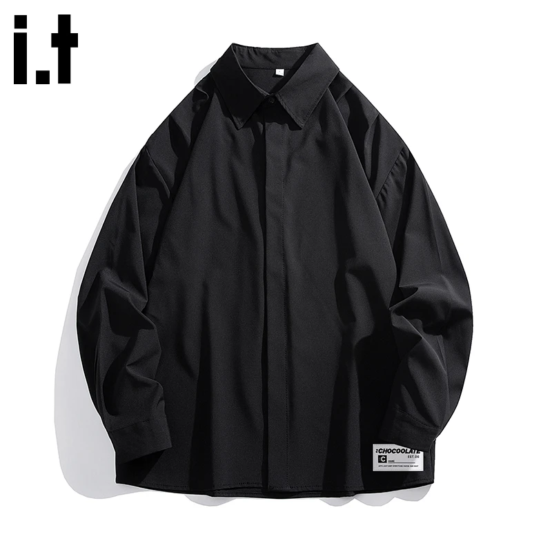 i.t:CHOCOOLATE黑色长袖衬衫男士2025秋冬高级感百搭舒适长袖衬衣