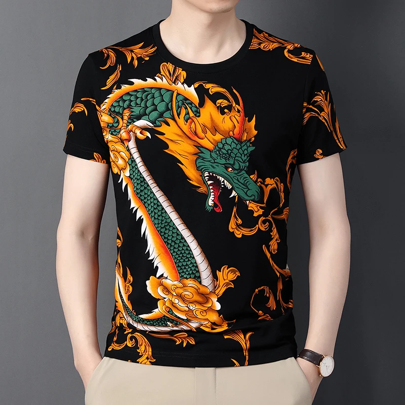 男士夏季新款圆领短袖T恤时尚休闲青龙半袖体恤潮中国风透气吸汗