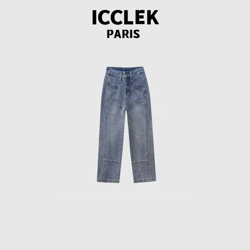 ICCLEK烫钻高腰阔腿牛仔裤 气质 百搭 -1007