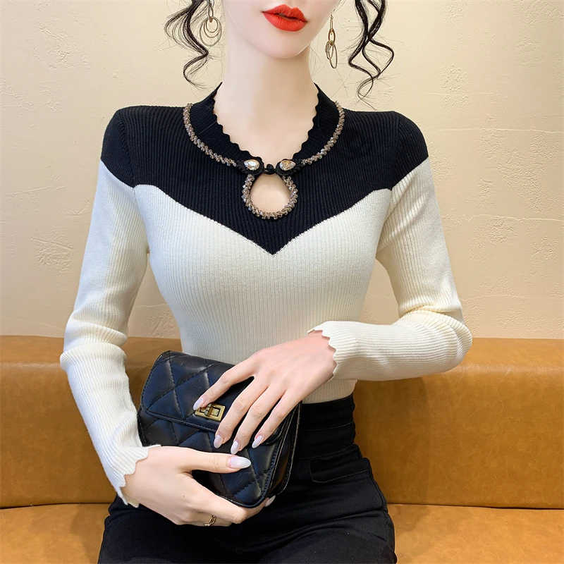 新中式盘扣拼色修身显瘦针织衫毛衣打底衫女士装春秋冬橘红色上衣