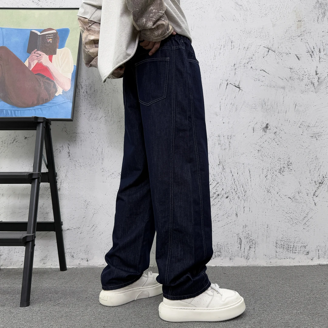 原色弯刀牛仔裤男高端美式休闲简约宽松帅气百搭拼接垂感阔腿长裤