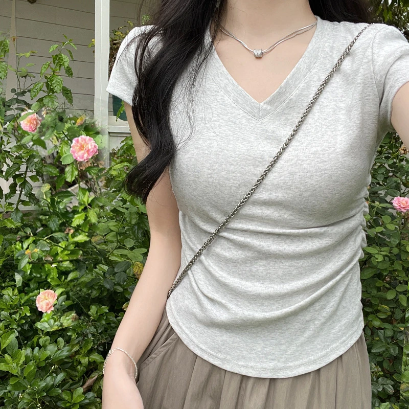 纯棉正肩V领短袖T恤女2025新款春夏季百搭修身小个子短款辣妹上衣