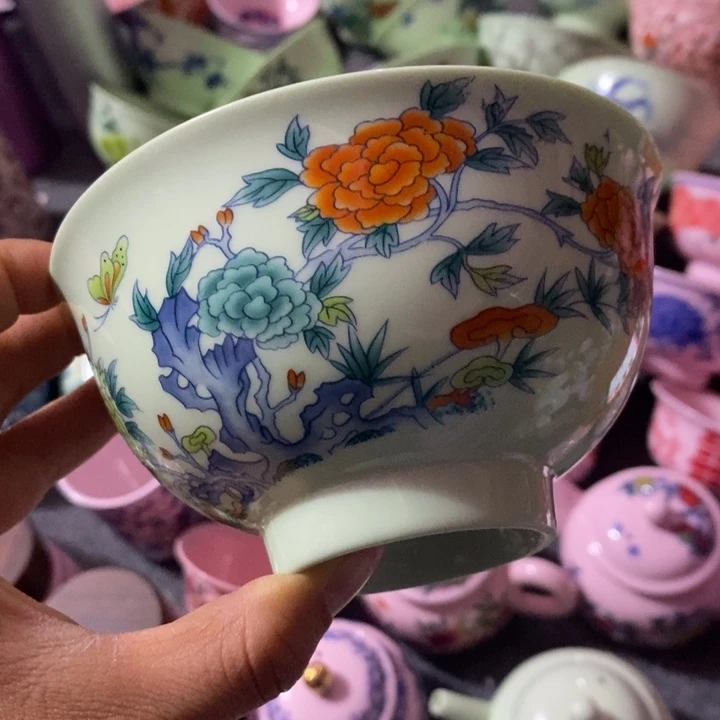 摆件陶5寸绿稀土蝴蝶牡丹碗