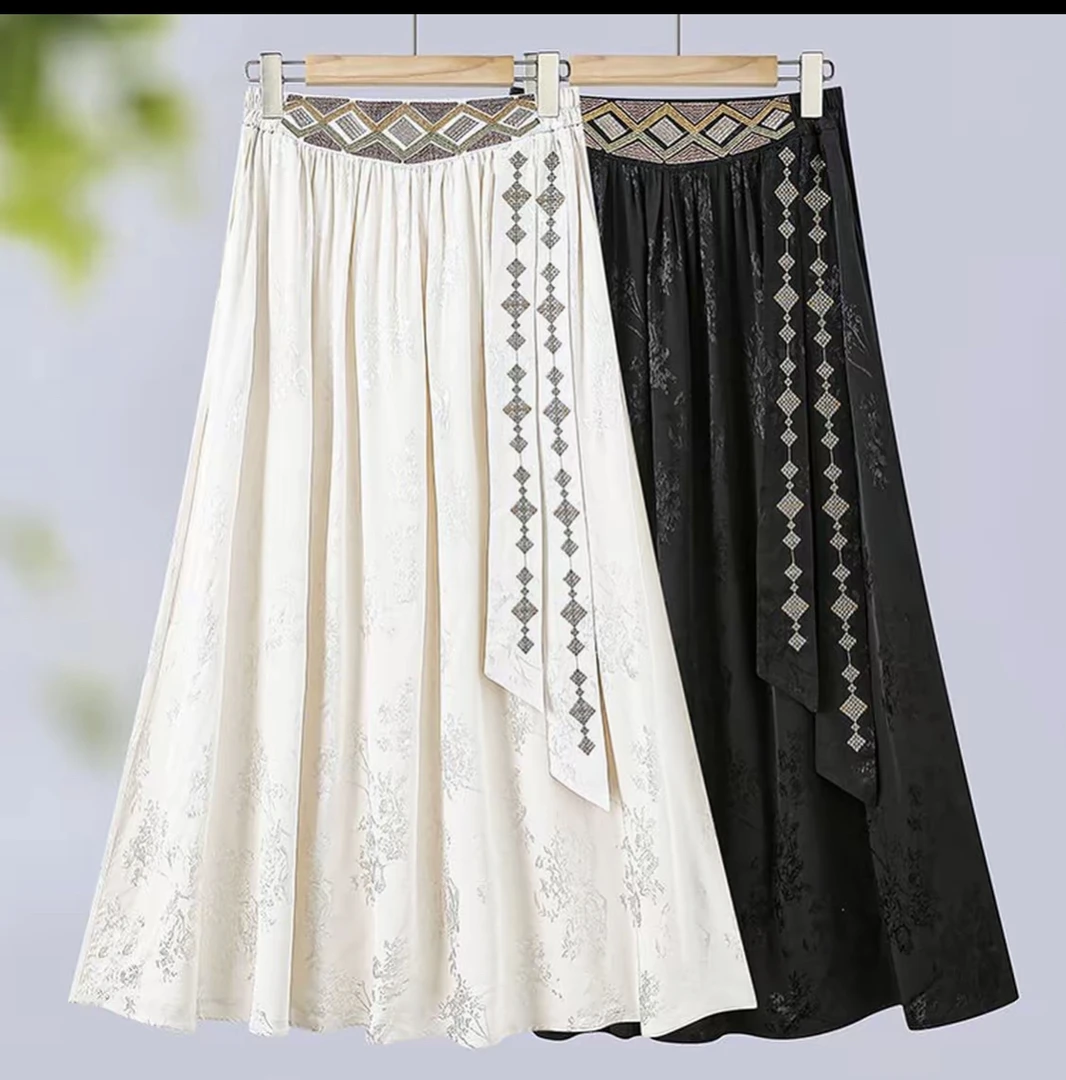 新中式重工刺绣高腰飘带半身裙夏季高级感百搭（加长版）