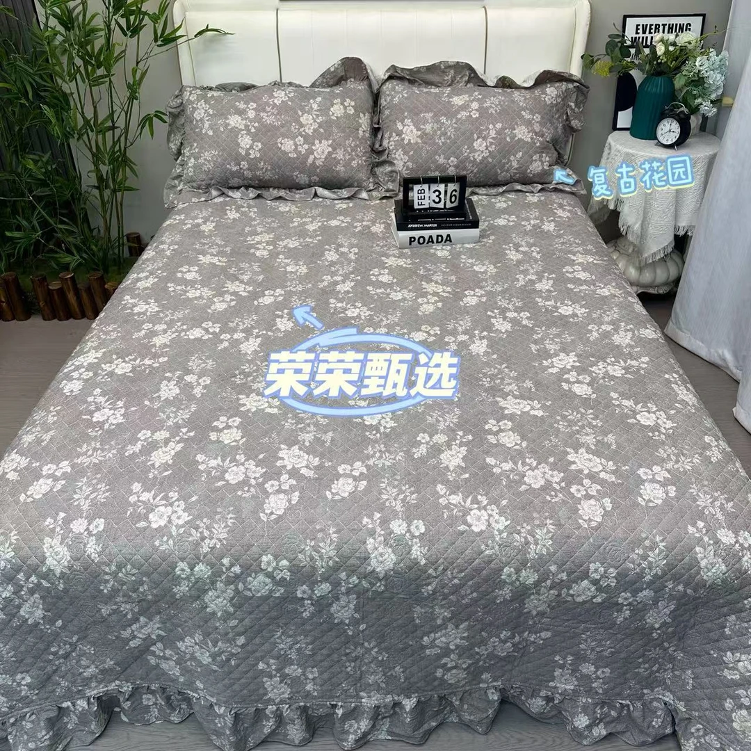 【RR荣荣】复古花园-加大床裙款床盖三件套 亲肤舒适夹棉绗缝加厚