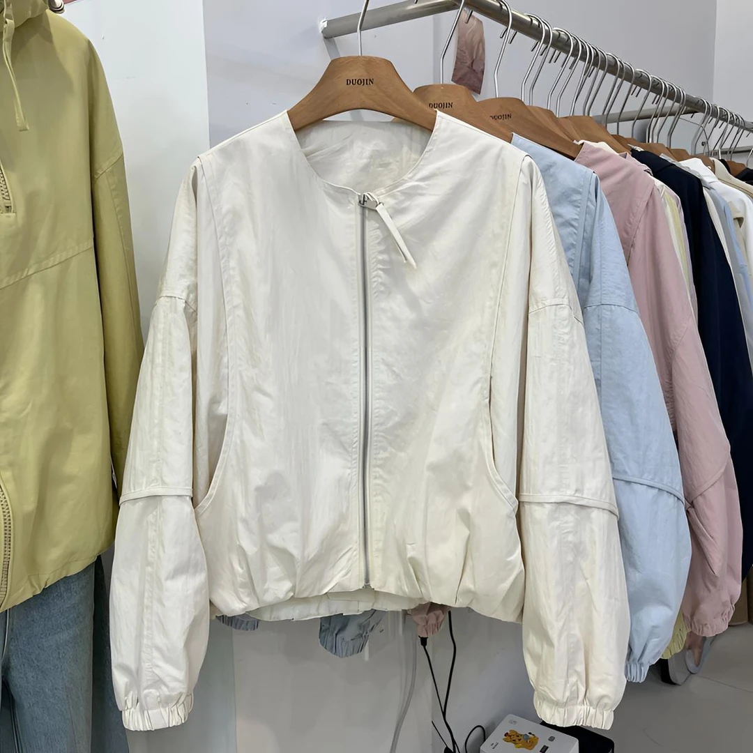 2025春装新款圆领简约款宽松小个子夹克外套粉色短款拉链棒球服女