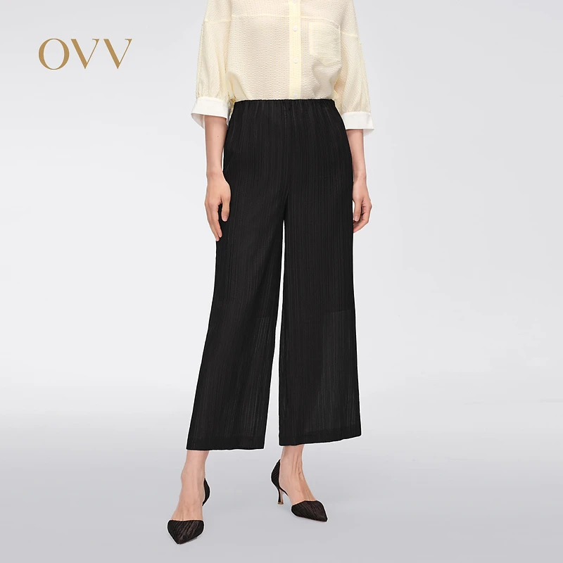 OVV春夏新款女装14MM柔叠绉利落阔腿九分休闲裤GKCAJ14010A