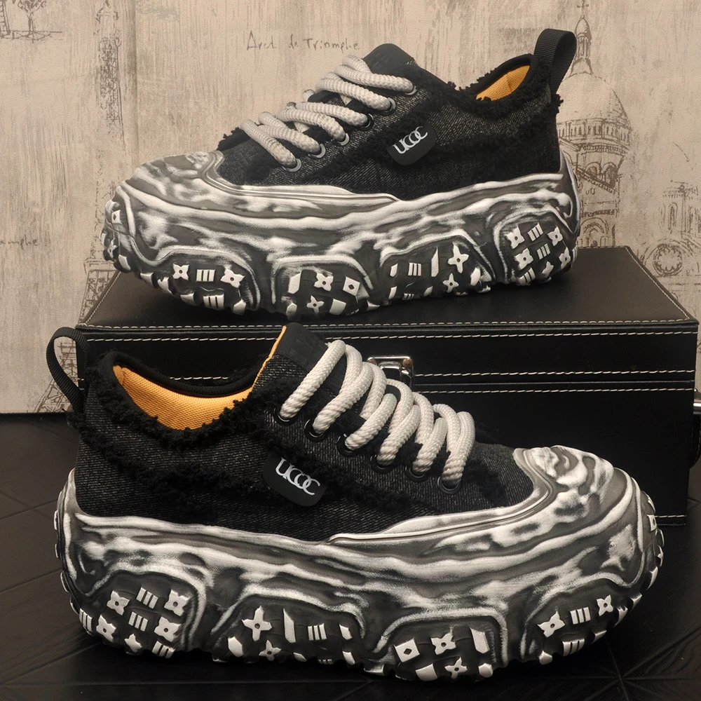 男士复古潮流休闲鞋做旧脏脏鞋厚底板鞋子增高透气百搭帆布鞋男鞋