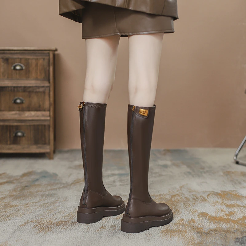 25长筒靴内增高不过膝后拉链厚底百搭时尚小个子高筒骑士靴女长靴