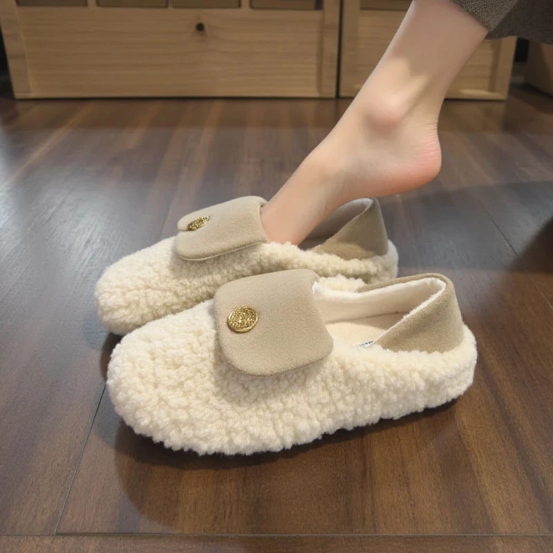 白色小香风毛毛鞋女秋冬外穿时尚山茶花一脚蹬平底豆豆鞋孕妇棉鞋