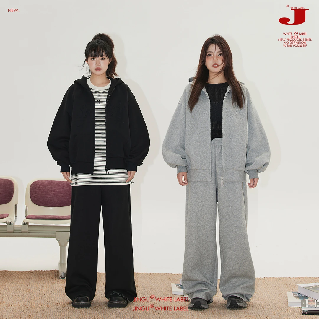 晶咕白标~胶囊衣橱字母连帽宽松卫衣外套卫裤两件套女秋时尚套装