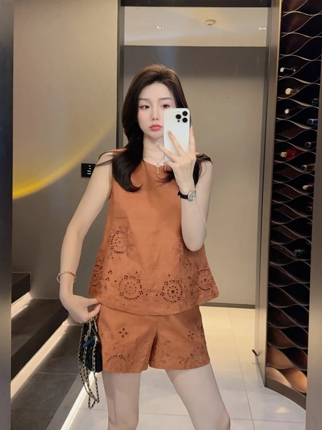 【大静静】气质“焦糖色”镂空设计纯亚麻舒适百搭短袖套装