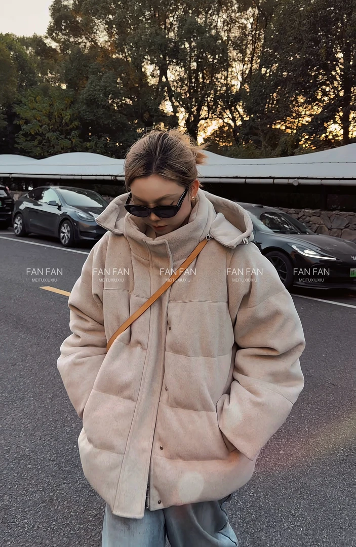 【FANFAN】枫叶报刊-大码90白鸭绒连帽欧贝绒百搭面包羽绒服S02329