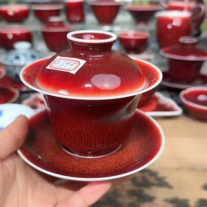 景德镇陶瓷红马坊盖碗