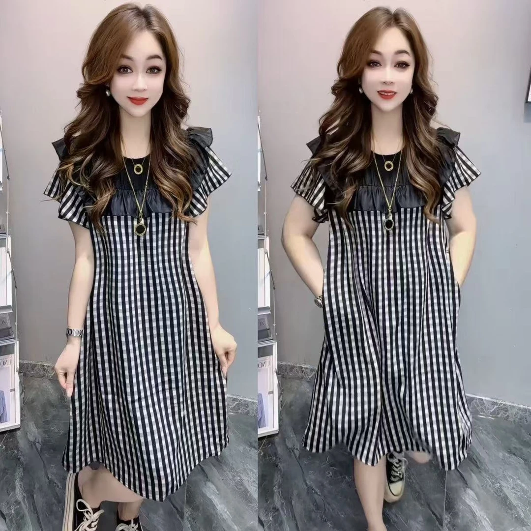 夏季新款气质时尚连衣裙女短袖减龄荷叶边宽松遮肉显瘦格子裙薄款