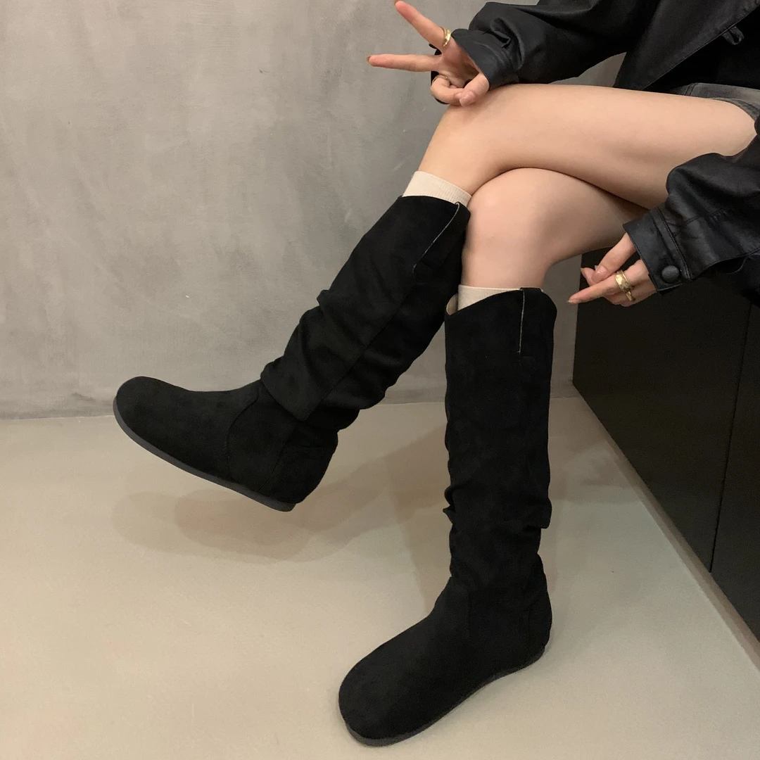蘑糯糯同款~堆堆靴复古长靴法式女靴子秋冬厚底高筒骑士西部靴