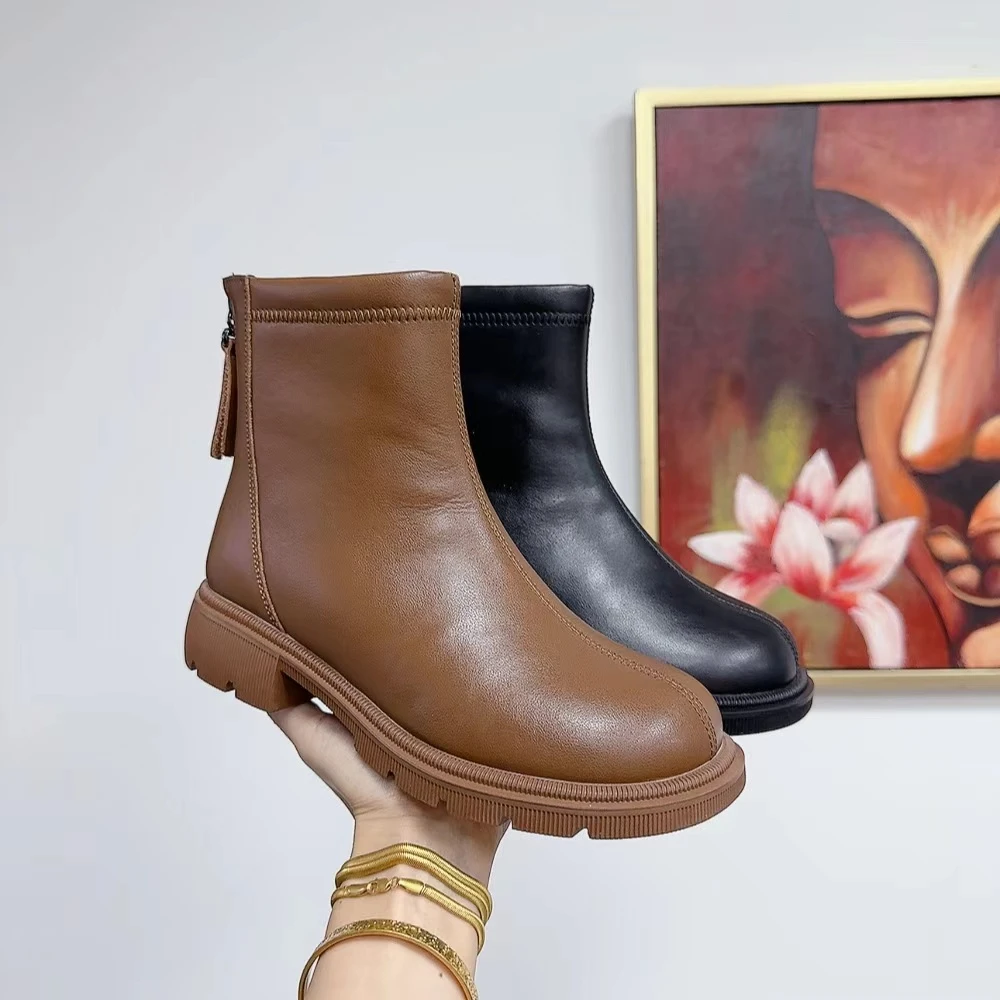 U88新款后拉链圆头中跟舒适百搭马丁靴仓