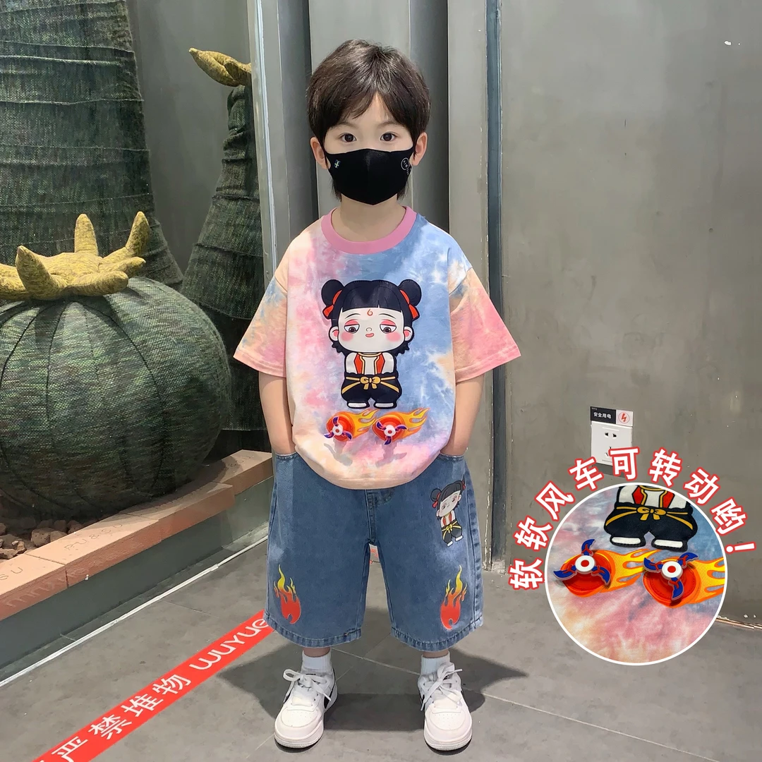 哪吒衣服2025夏季新款儿童炸街帅气时髦男宝宝短袖时尚男童夏套装