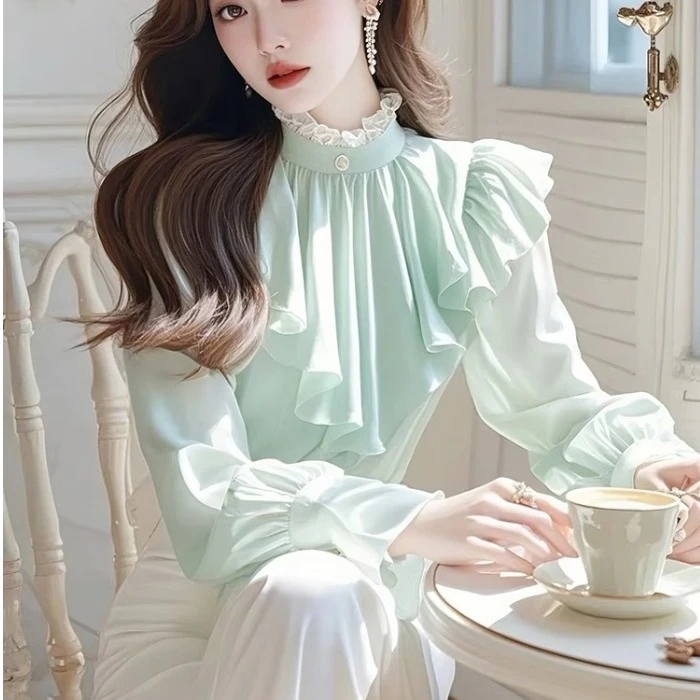 今年流行浅绿色荷叶边雪纺衬衫女秋季超好看独特漂亮上衣洋气小衫