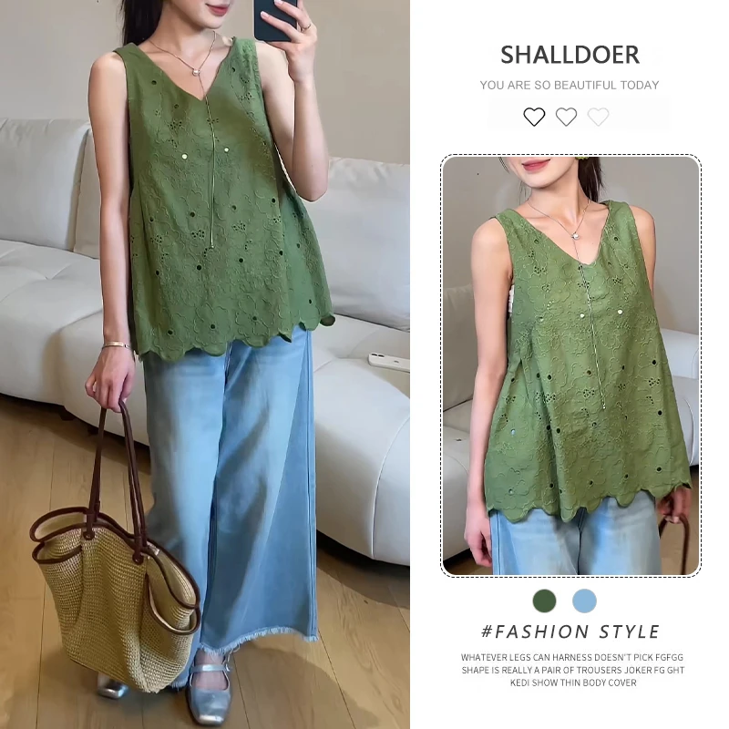 设计感钩花镂空花边无袖衬衫女2026夏季新款宽松百搭V领背心上衣