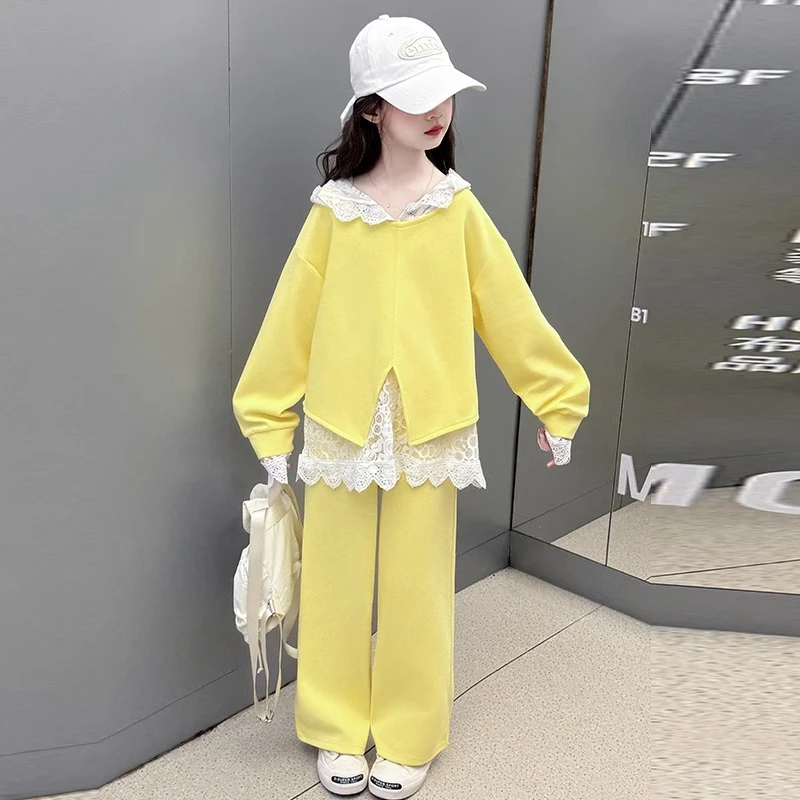 女童蕾丝三件套2025新款春装大童洋气时髦卫衣休闲阔腿裤儿童套装