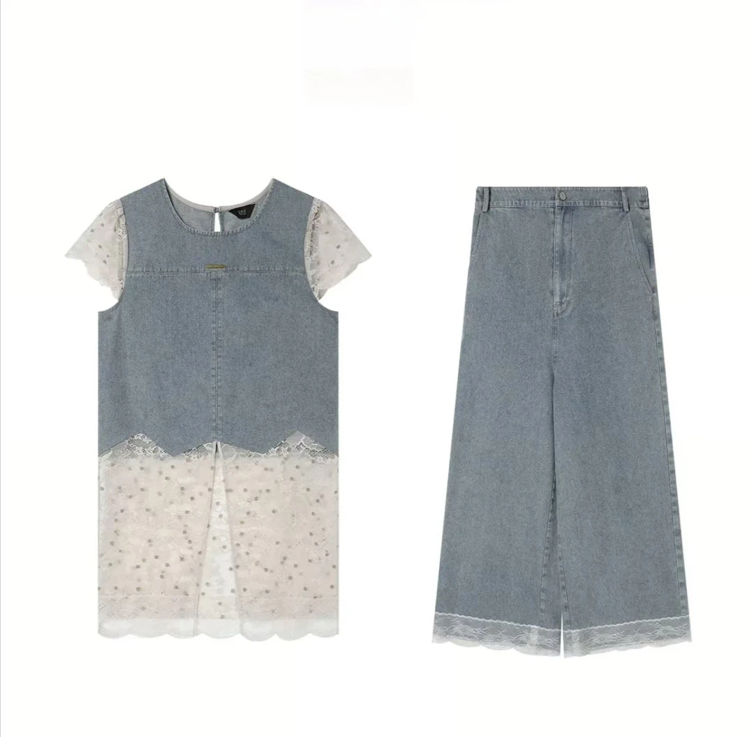 2025年夏季新款港风设计感小众独特蕾丝拼接牛仔上衣阔腿裤套装女