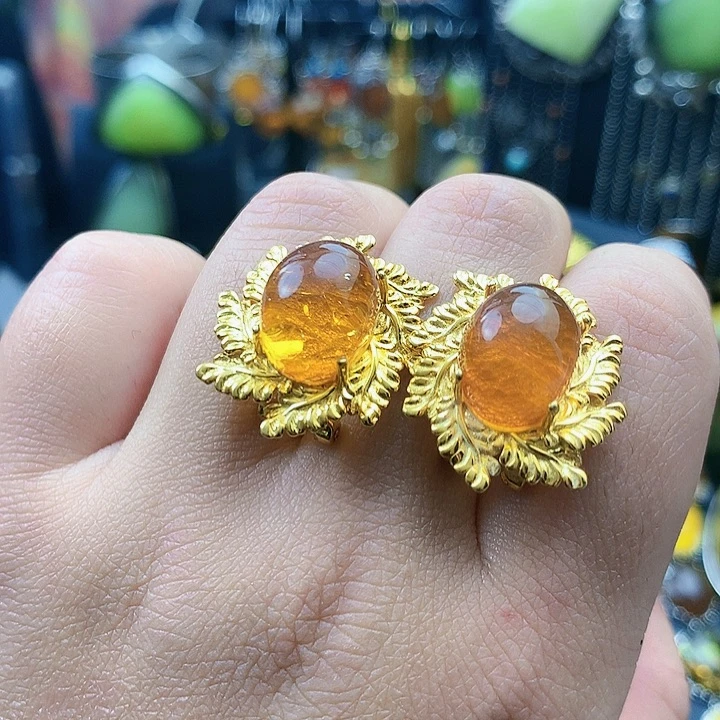 琥珀裸石银S925镶嵌耳坠