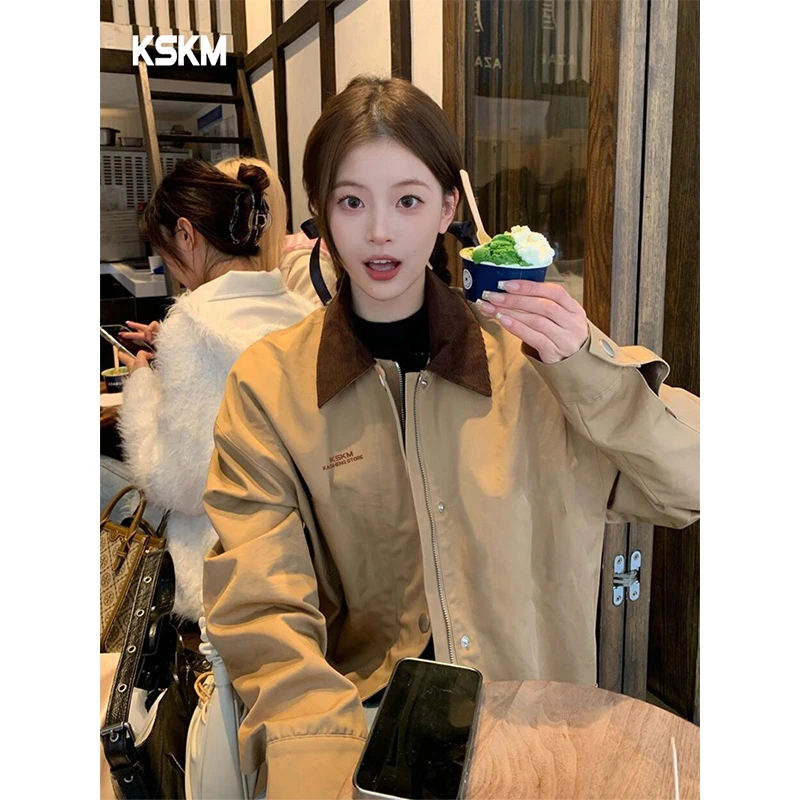 KSKM卡其色工装外套女2025春秋新款美式复古重工宽松情侣夹克