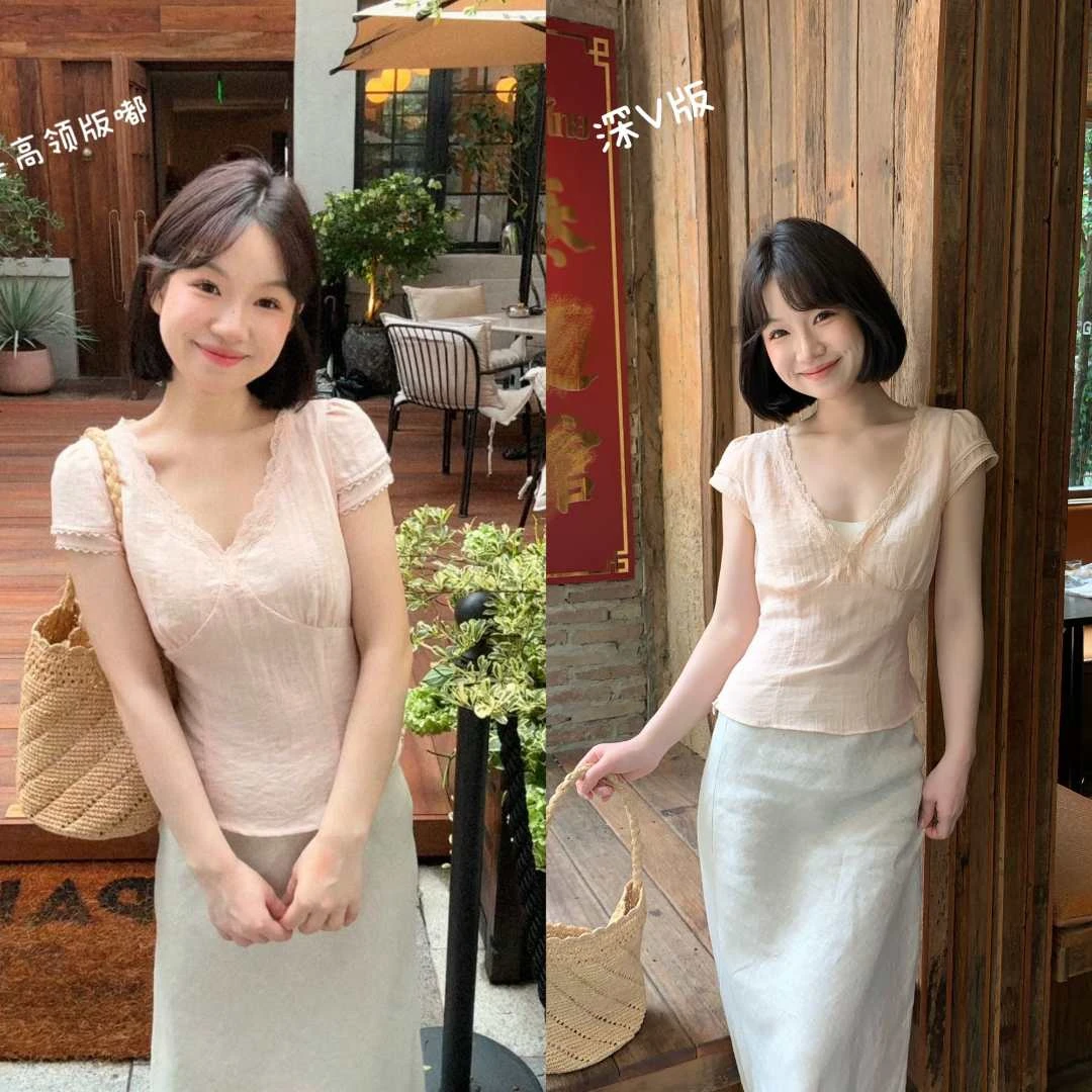 板栗西西【私服穿搭-上衣】夏季气质法式小众修身显瘦时尚短袖上衣