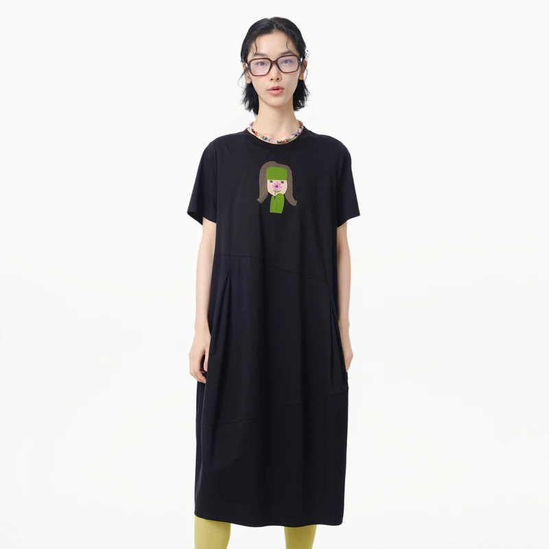 MOVEUP幻走2025夏季新款.FUN 圆领印花口袋针织连衣裙325211302