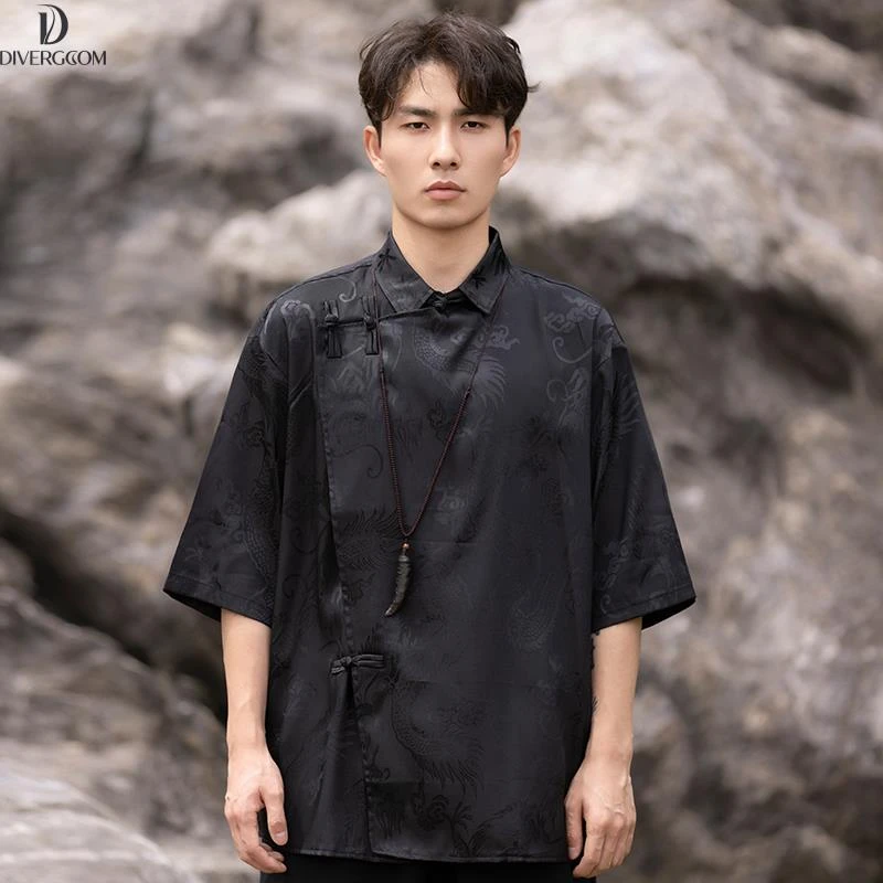 DIIIVERGOM禅意男装独楼夏季新中式上衣翻领盘扣短袖衬衫中慵懒风