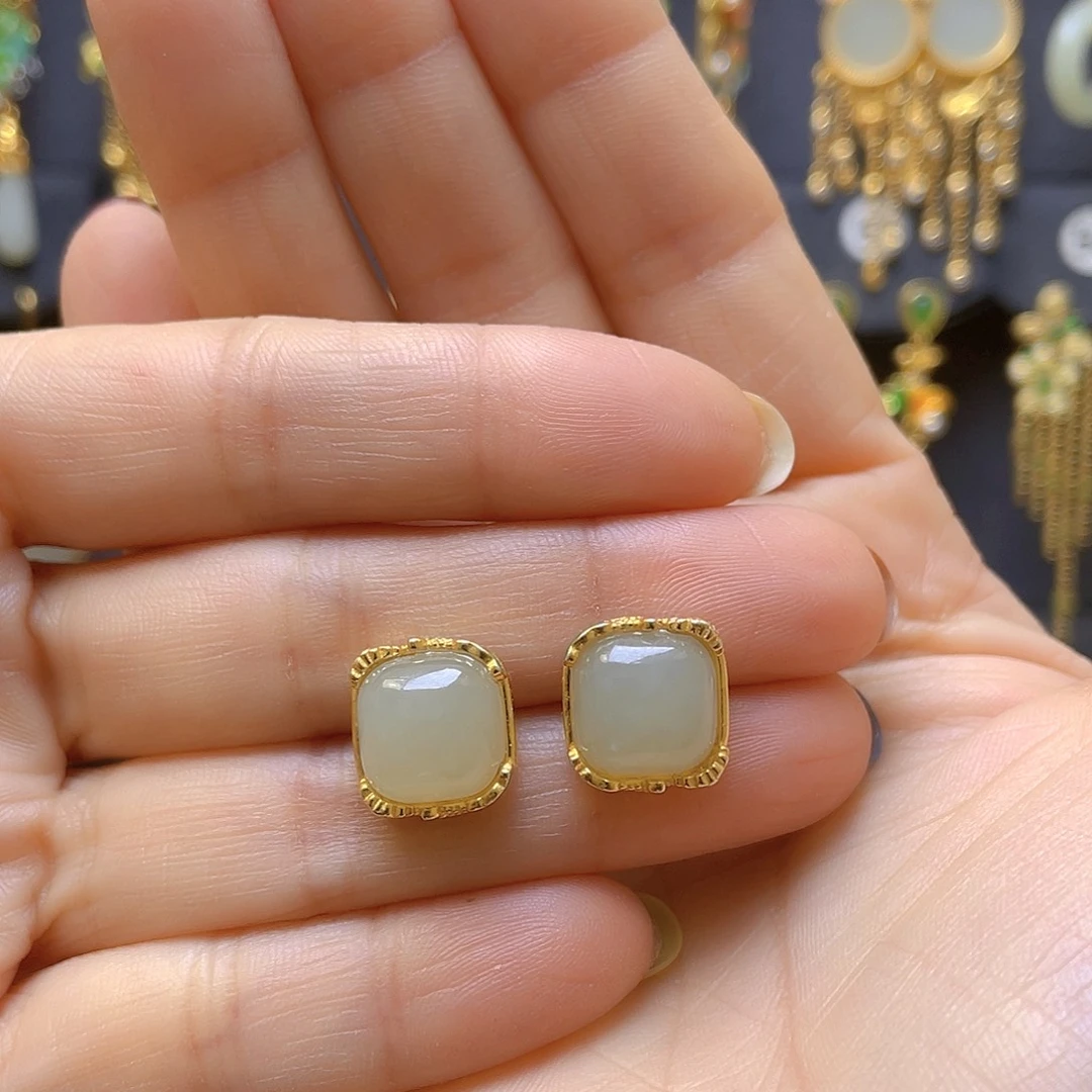 和田玉银S925镀金镶嵌耳饰