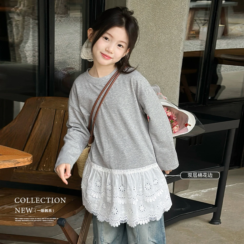 结构感4】女童蕾丝拼接T恤长袖2025春秋款中长款打底Y6310