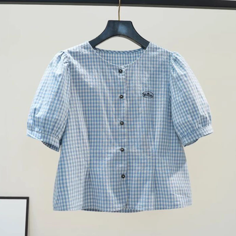 复古风蓝色格子衬衫女刺绣字母短款衬衣圆领泡泡袖百搭上衣2025夏