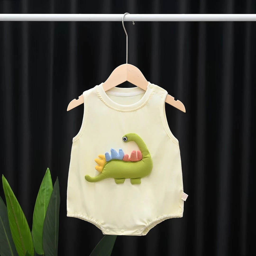 夏款婴儿衣服卡通小恐龙爬服新生儿薄款无袖护肚新生婴短哈
