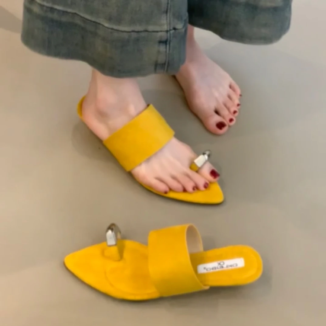 LB-755法式尖头套趾粗跟拖鞋2025年金属扣小众一字凉拖鞋