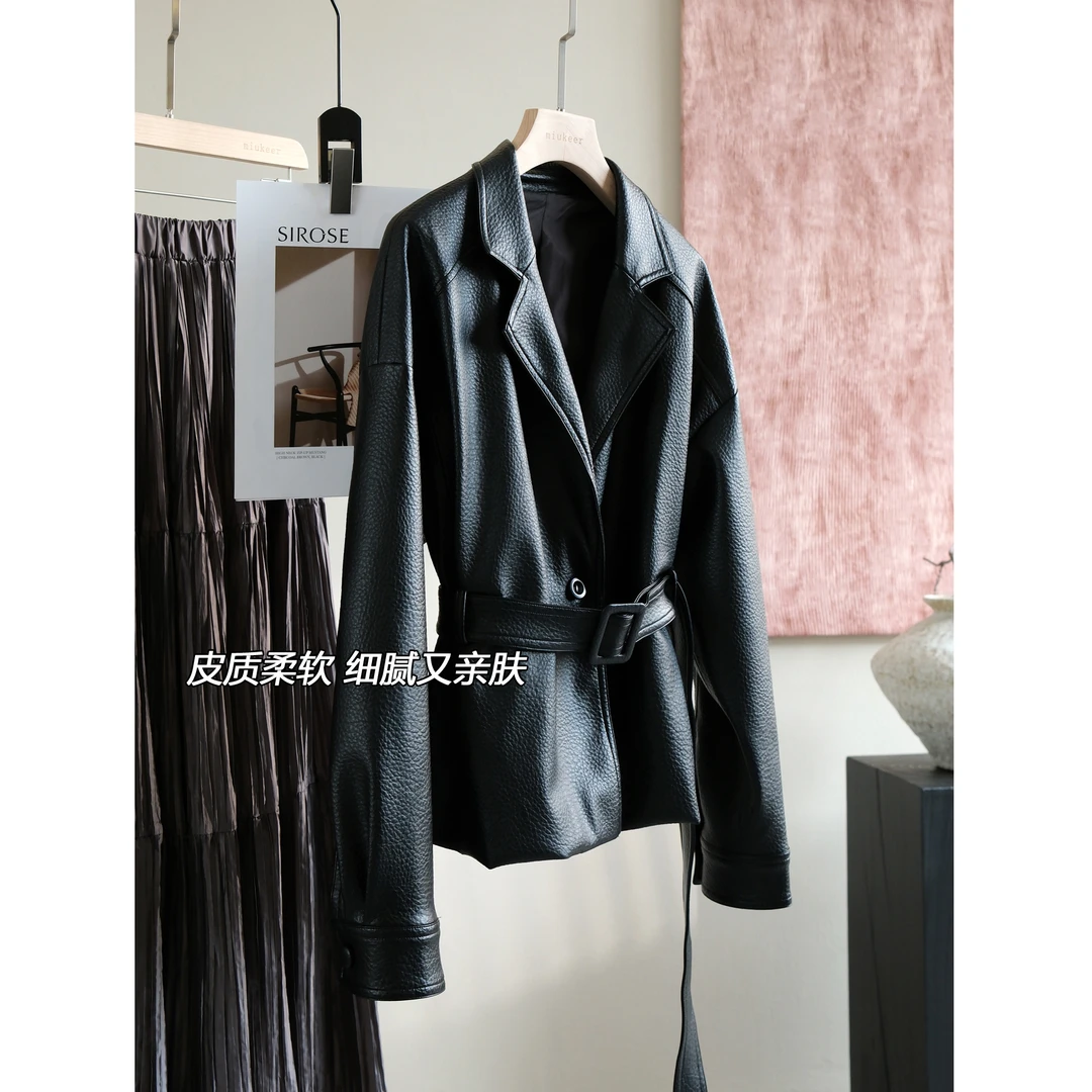 骑士范~柔软有型平驳领修身短外套女秋显瘦气质收腰休闲夹克皮衣
