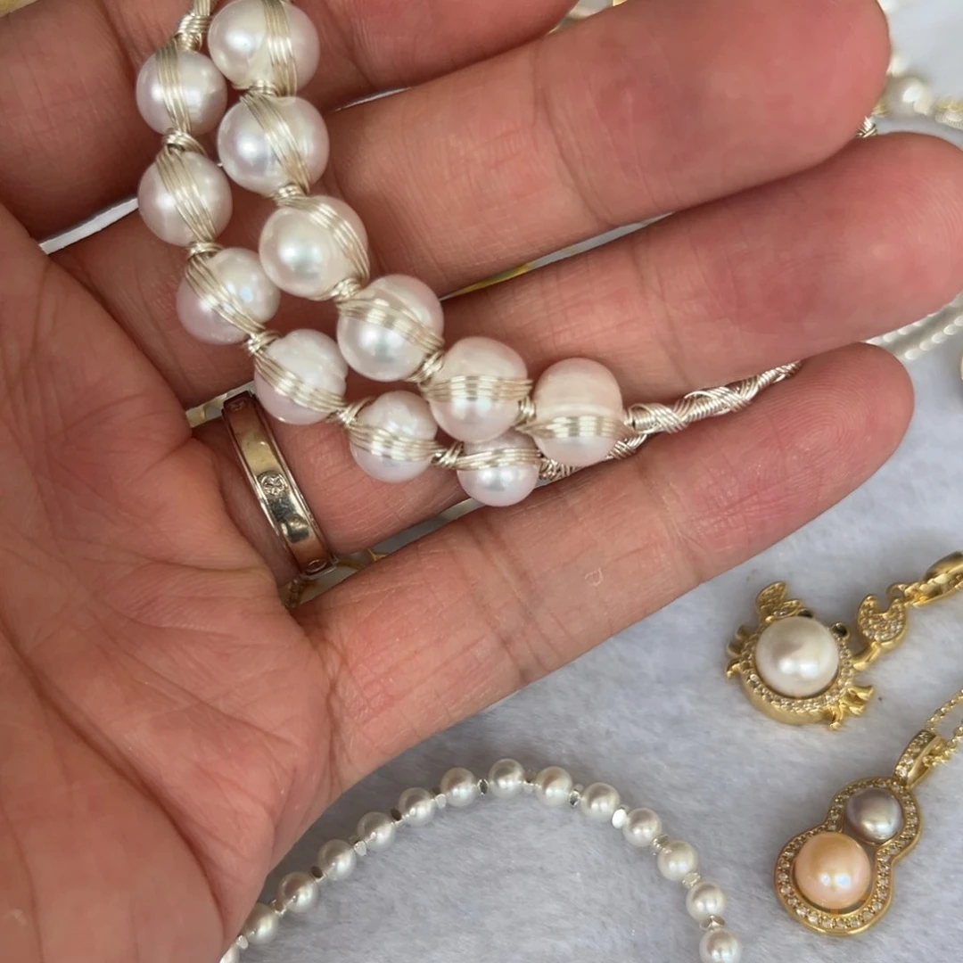 钛钢淡水珍珠耳饰绕丝手镯